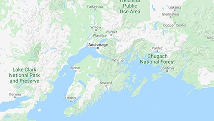 Map of Anchorage Alaska and surrounding areas.